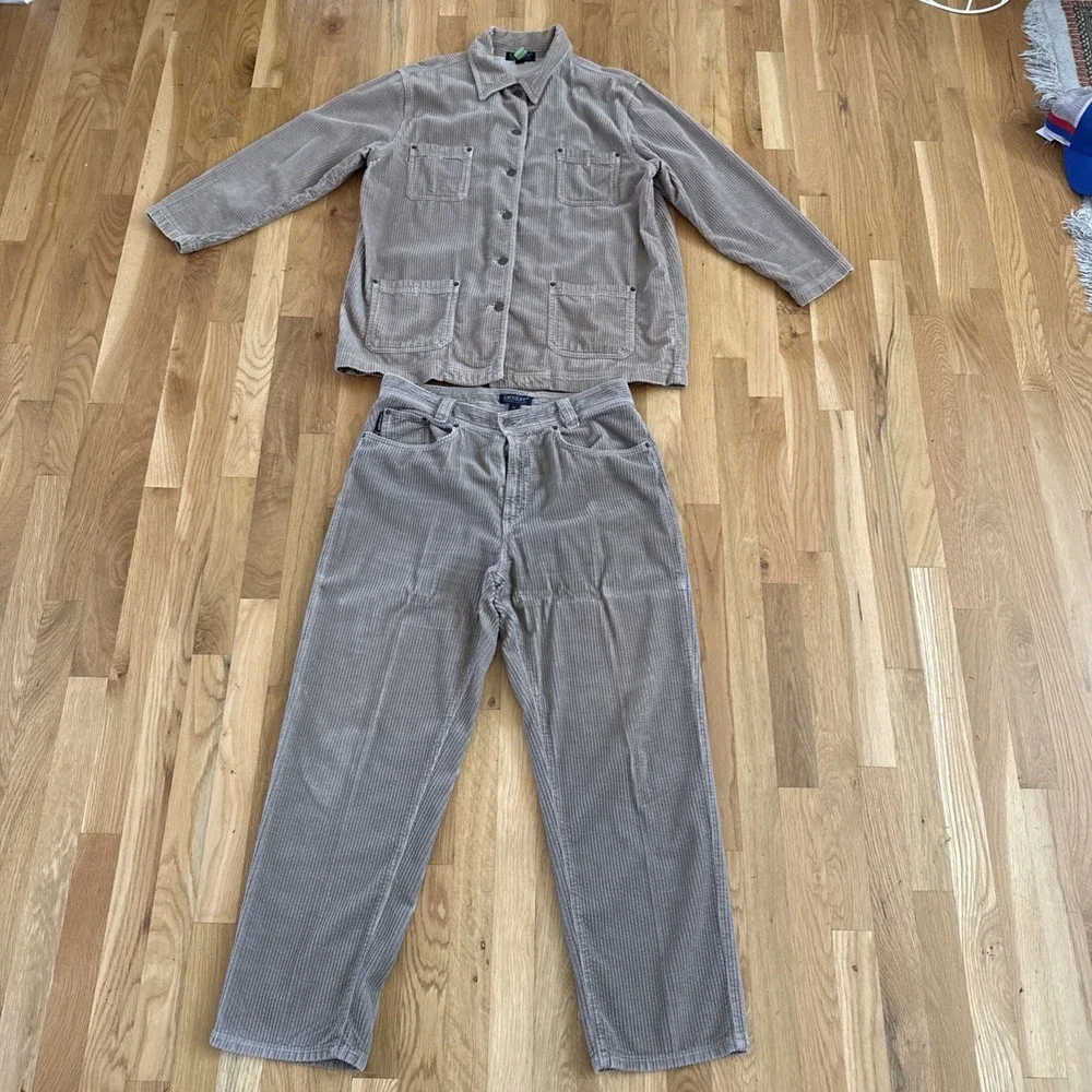 Vintage Karen Kane Corduroy Jacket Pants‎ Set Woman's 14 Petite Tan 2pc Outfit